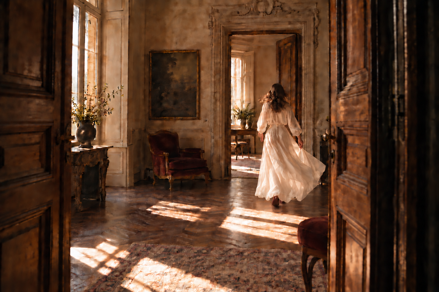 A woman in an ivory dress and oxblood ballet flats walking through a sunlit walnut doorway
